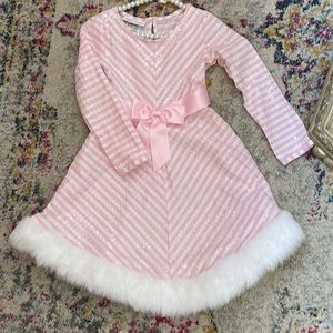 5T pink and white candy stripe dress with for trim.